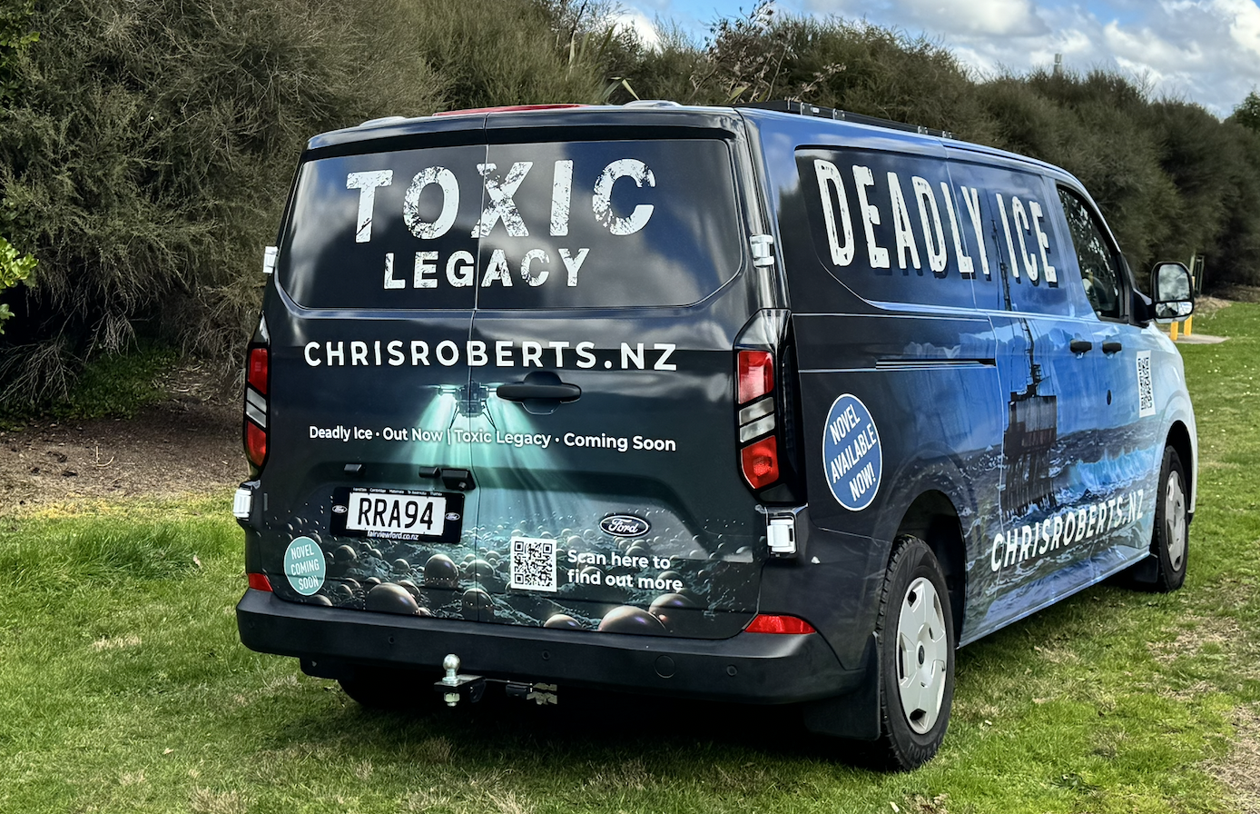 Rear view of the Deadly Ice van showing the Toxic Legacy sequel artwork and chrisroberts.nz