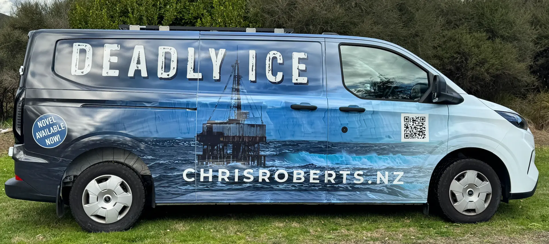 Full side profile of the Deadly Ice van wrap with the novel cover artwork